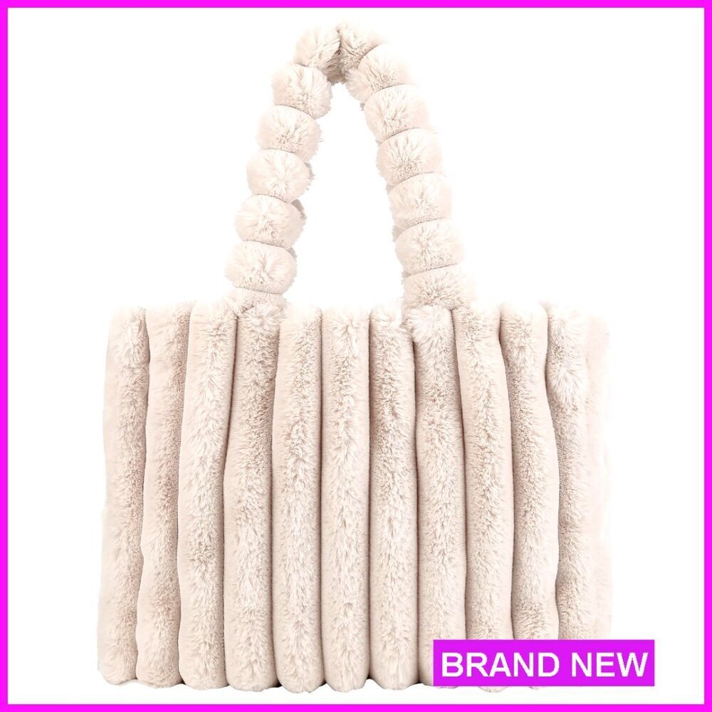 Large Faux Fur Tote Bag with Magnetic Closure, Plush Beaded Handle
